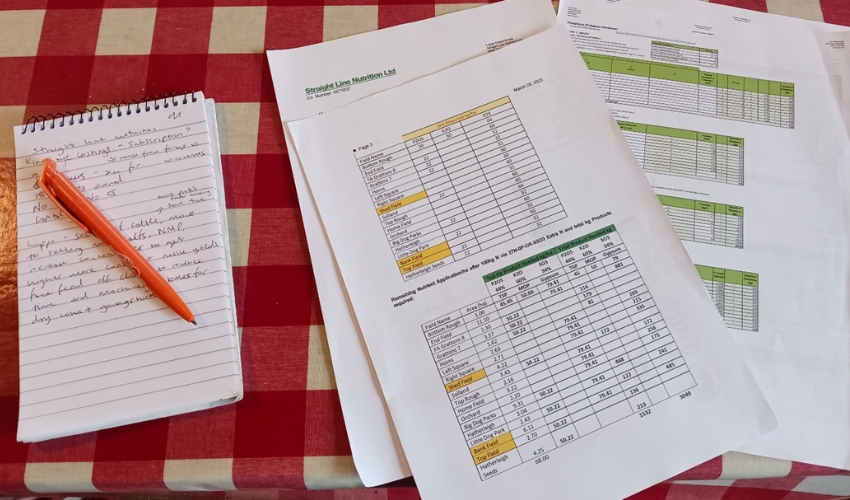 Paperwork laid out on a table following free farmyard management advice session with our Devon farming client