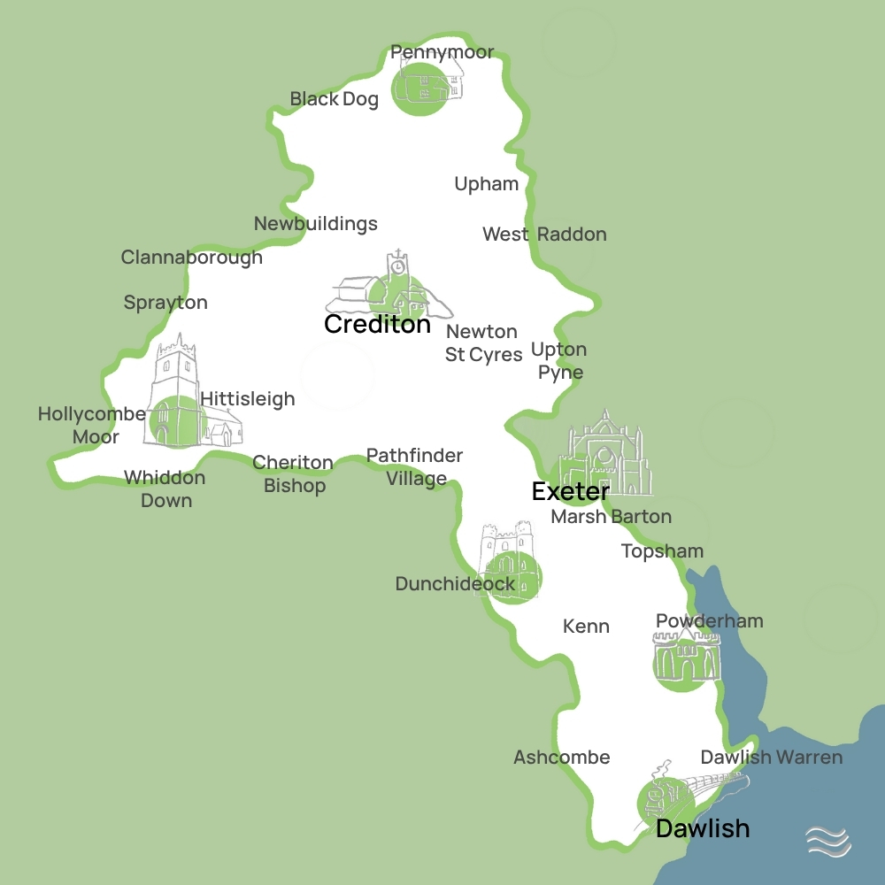 West of Exeter catchment area map for the Water Wise Farming Project