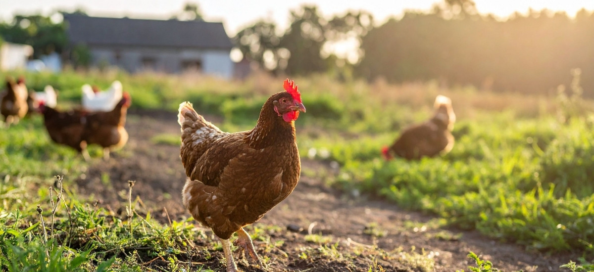 Poultry roaming free range on a farm